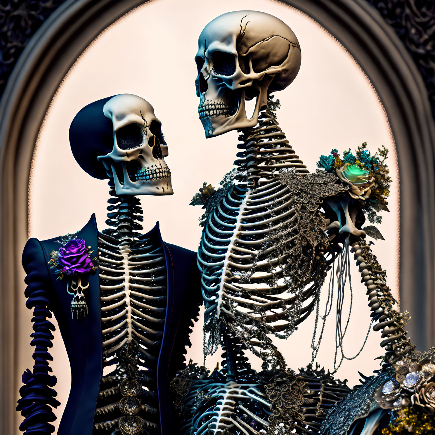 Ornate Skeleton Decorations in Oval Frame on Dark Background