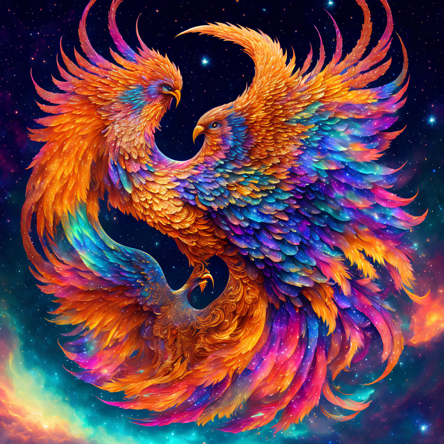 Colorful Phoenixes Soaring in Cosmic Sky