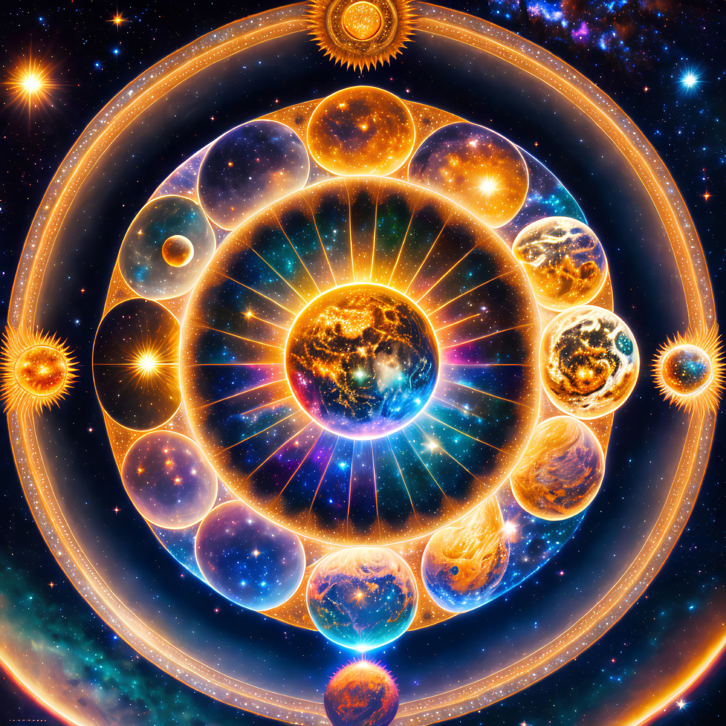 Artistic Solar System with Golden Rings on Starry Background