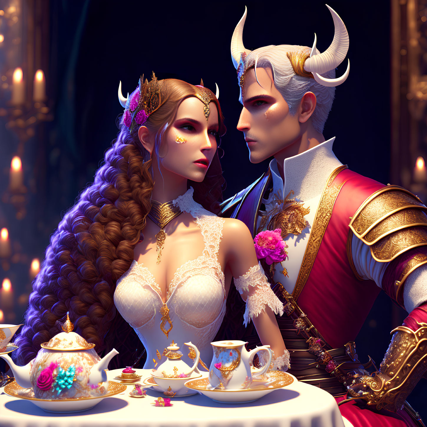 Elfin couple in intricate attire at lavish tea setting