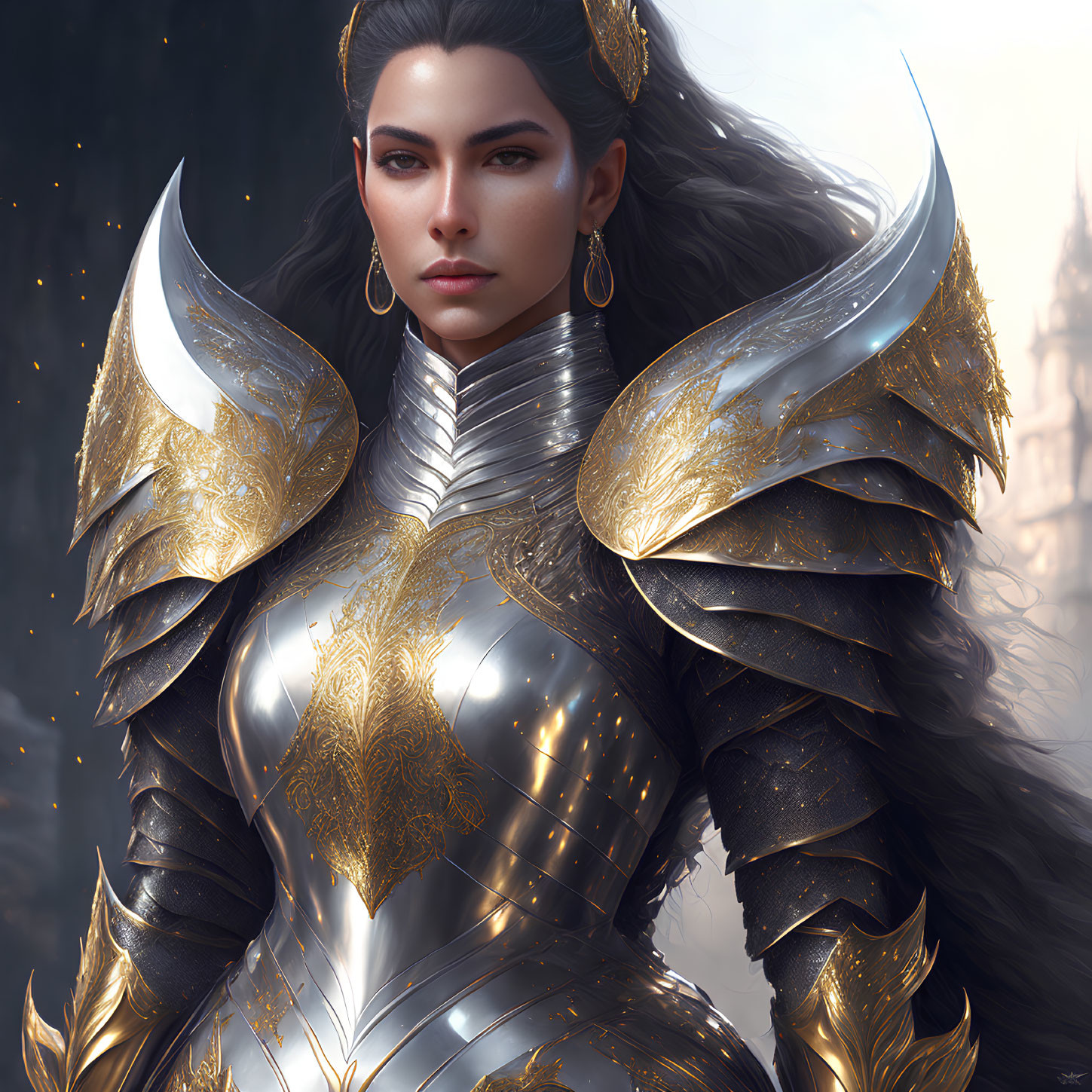 Woman in ornate silver and gold armor against misty medieval backdrop