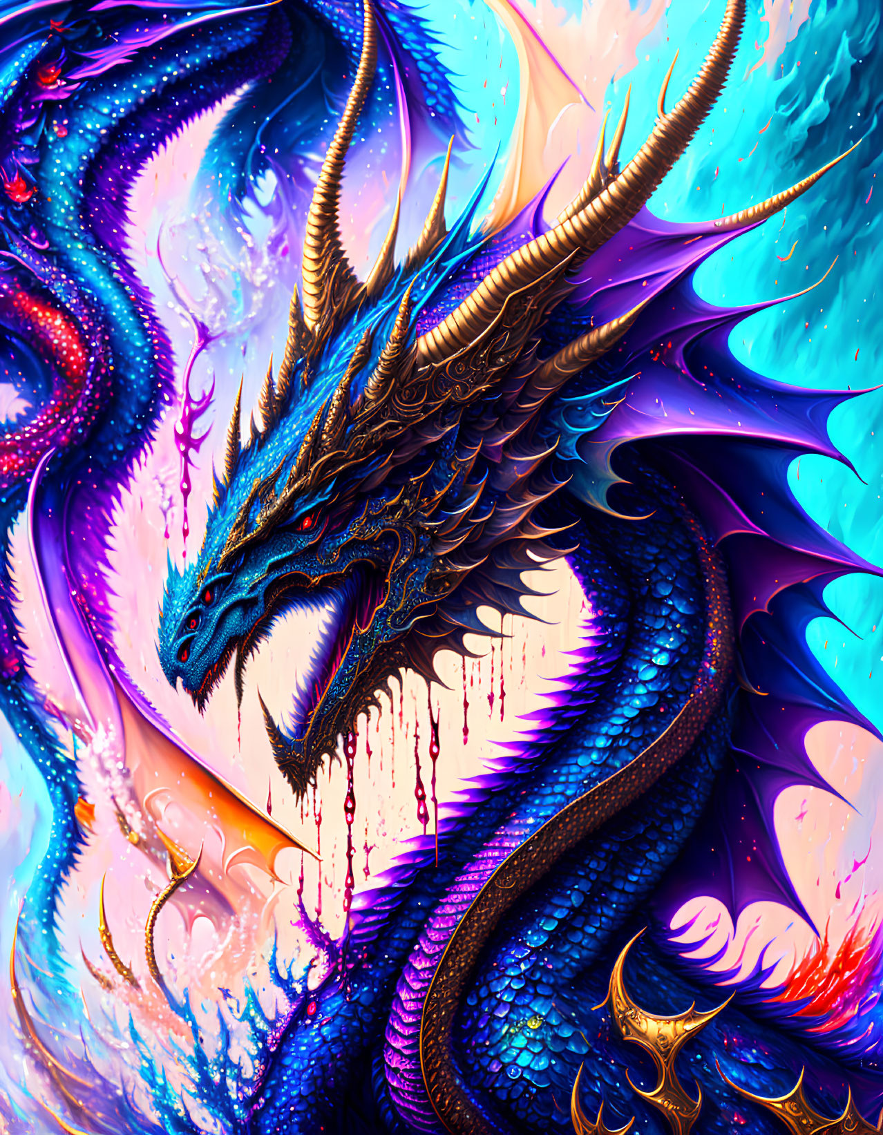 Vivid Blue Dragon Artwork with Golden Horns in Abstract Background