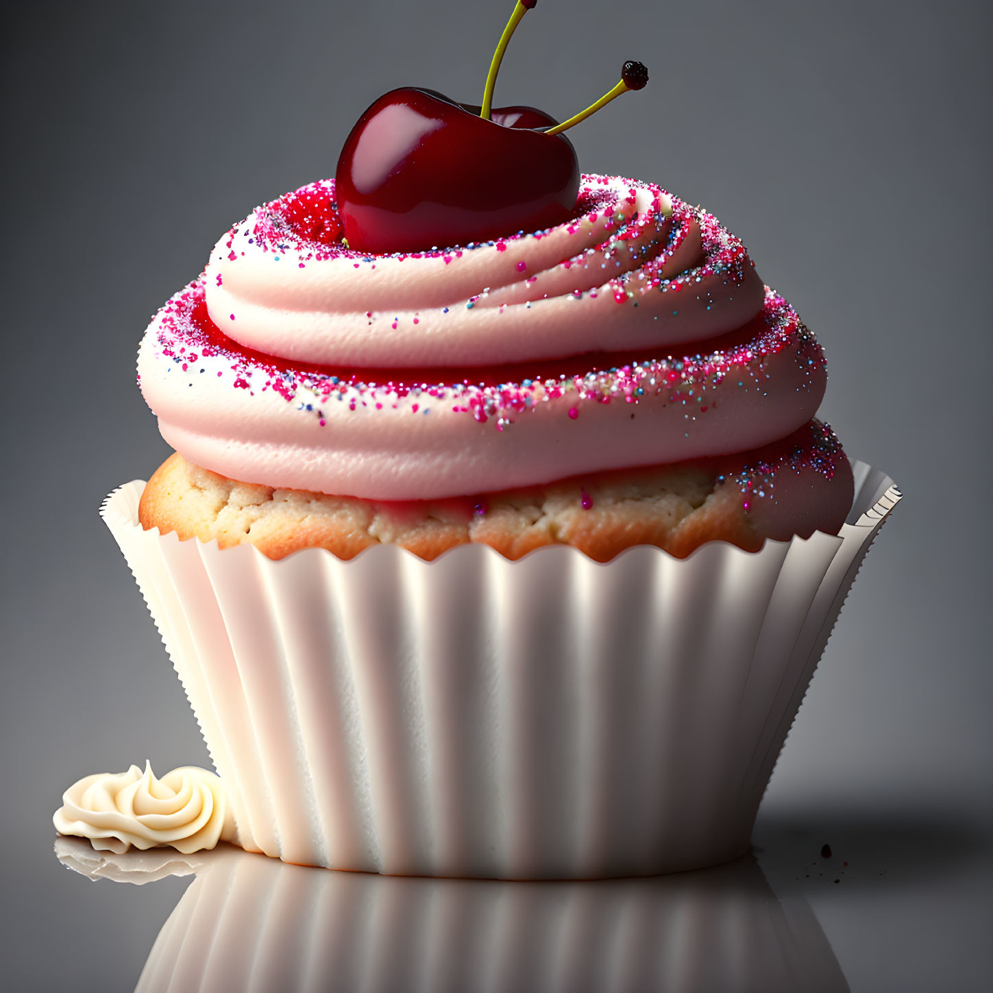 Pink frosted cupcake with cherry and cream swirl on grey background