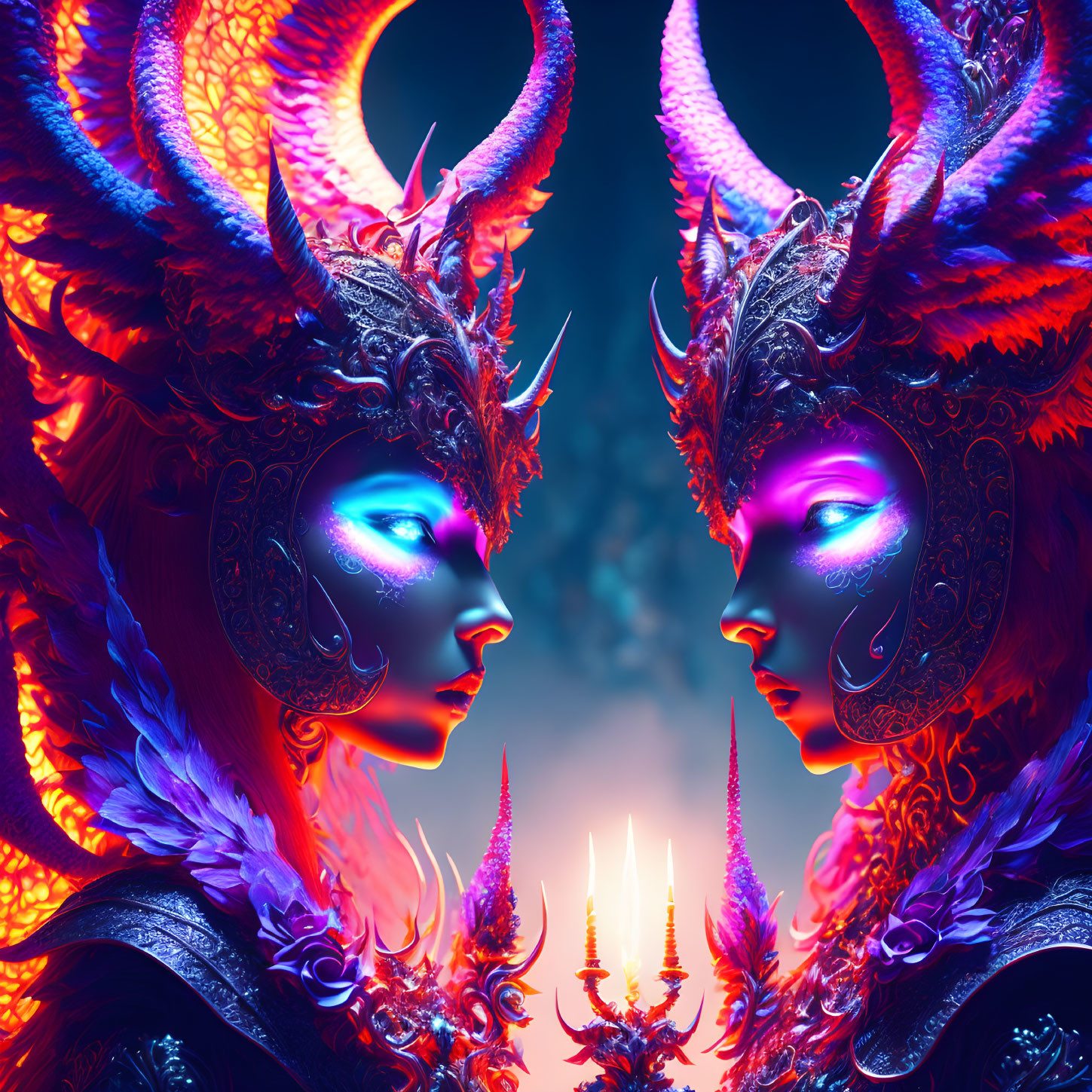 Symmetrical fantasy figures with horned headdresses and glowing blue markings on vibrant background