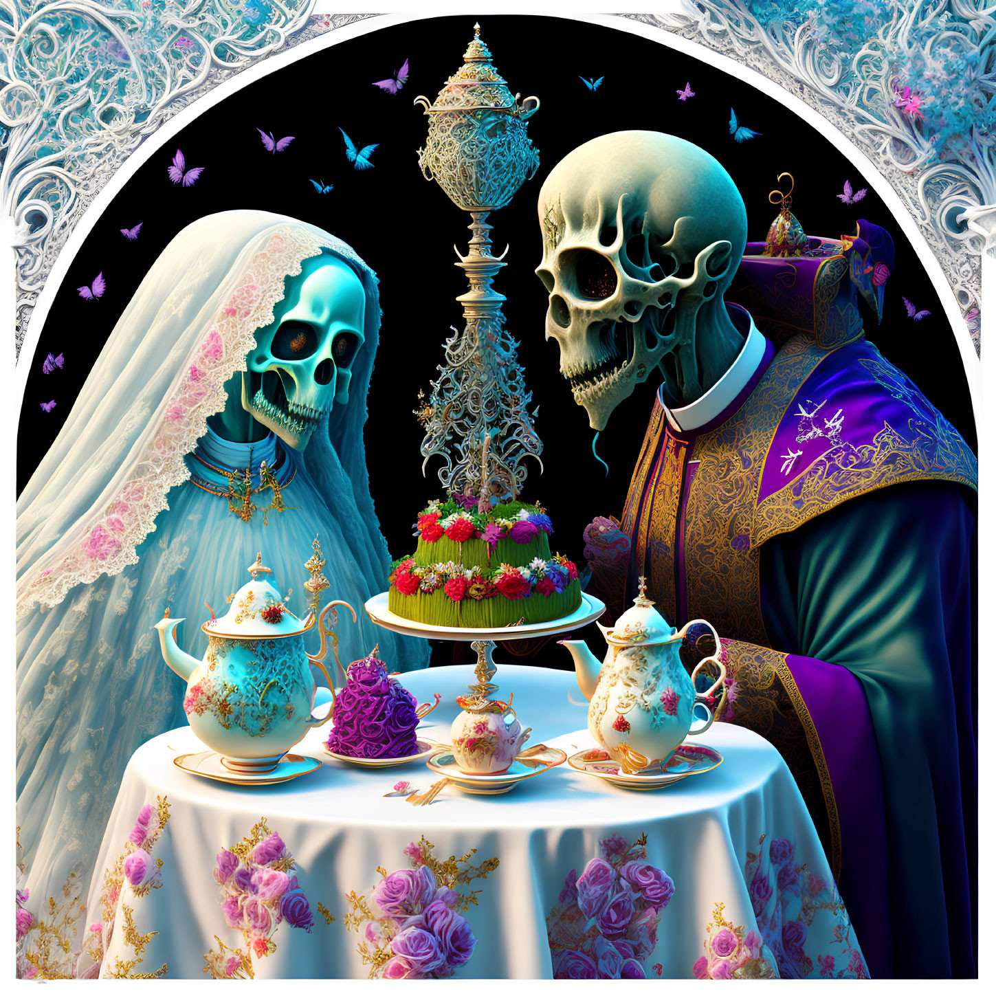 Surreal image of bride and groom skulls at lavish table