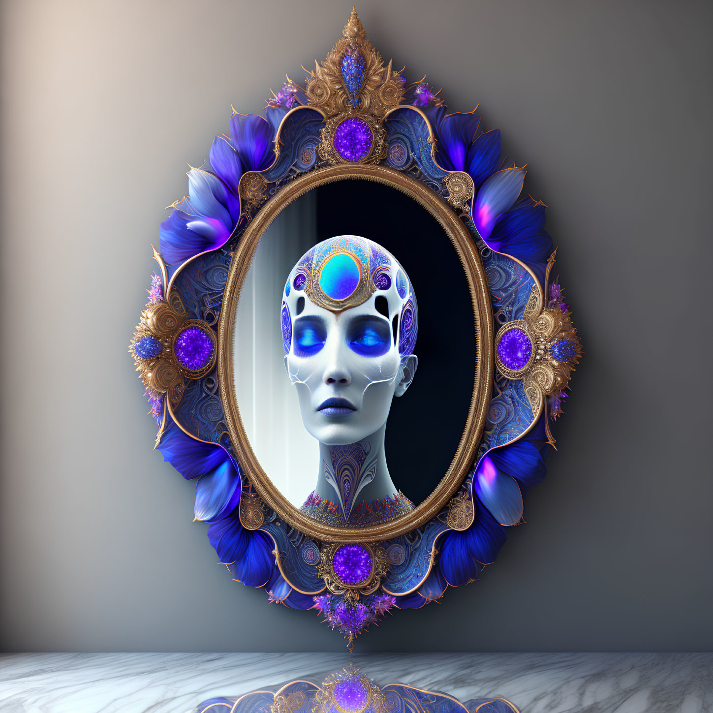 Ornate Oval Mirror with Gold and Blue Frame Reflecting Surreal Mannequin Head