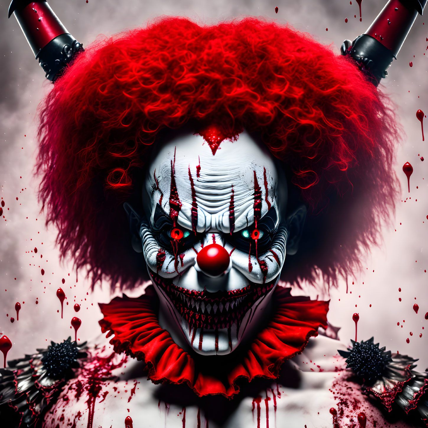 Menacing clown with red hair, blood-splattered face, sharp teeth, intense eyes, surrounded