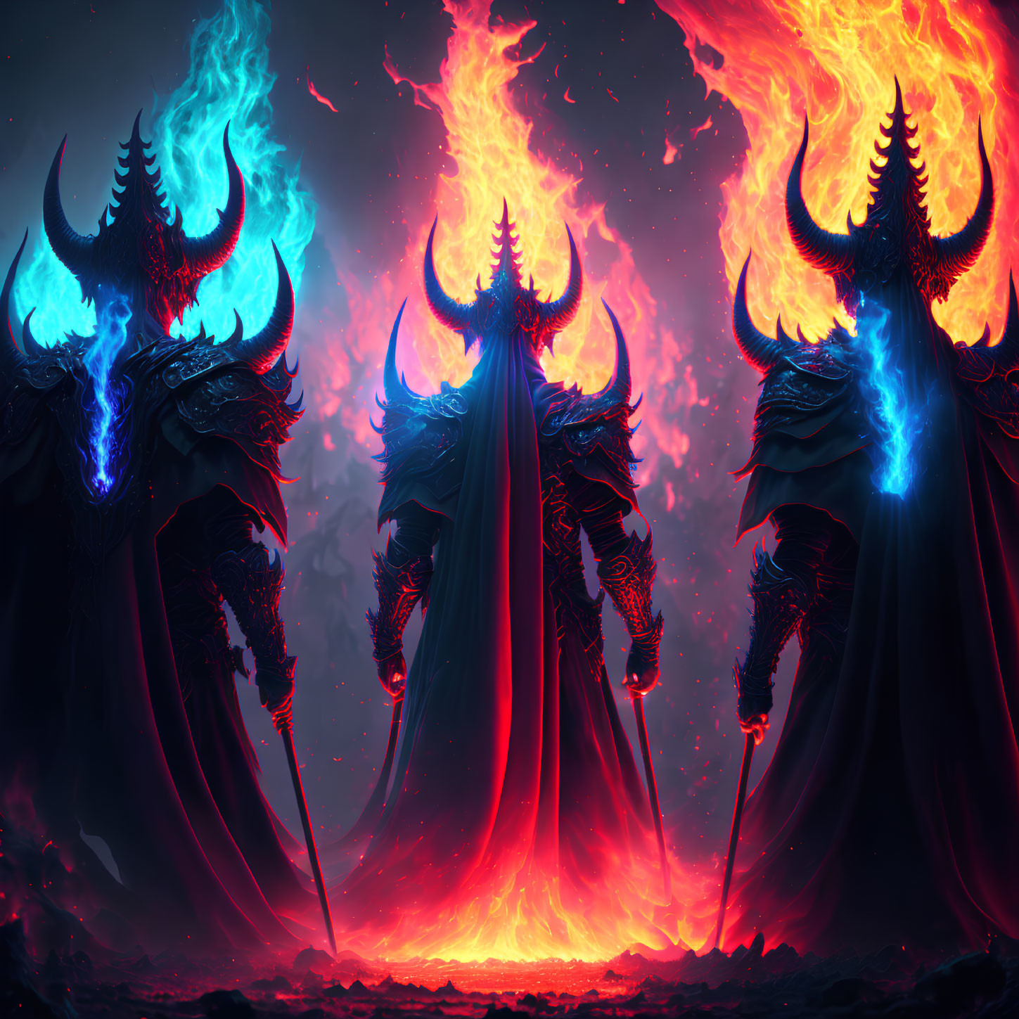 Mystical armored figures with glowing weapons and horns in fiery backdrop