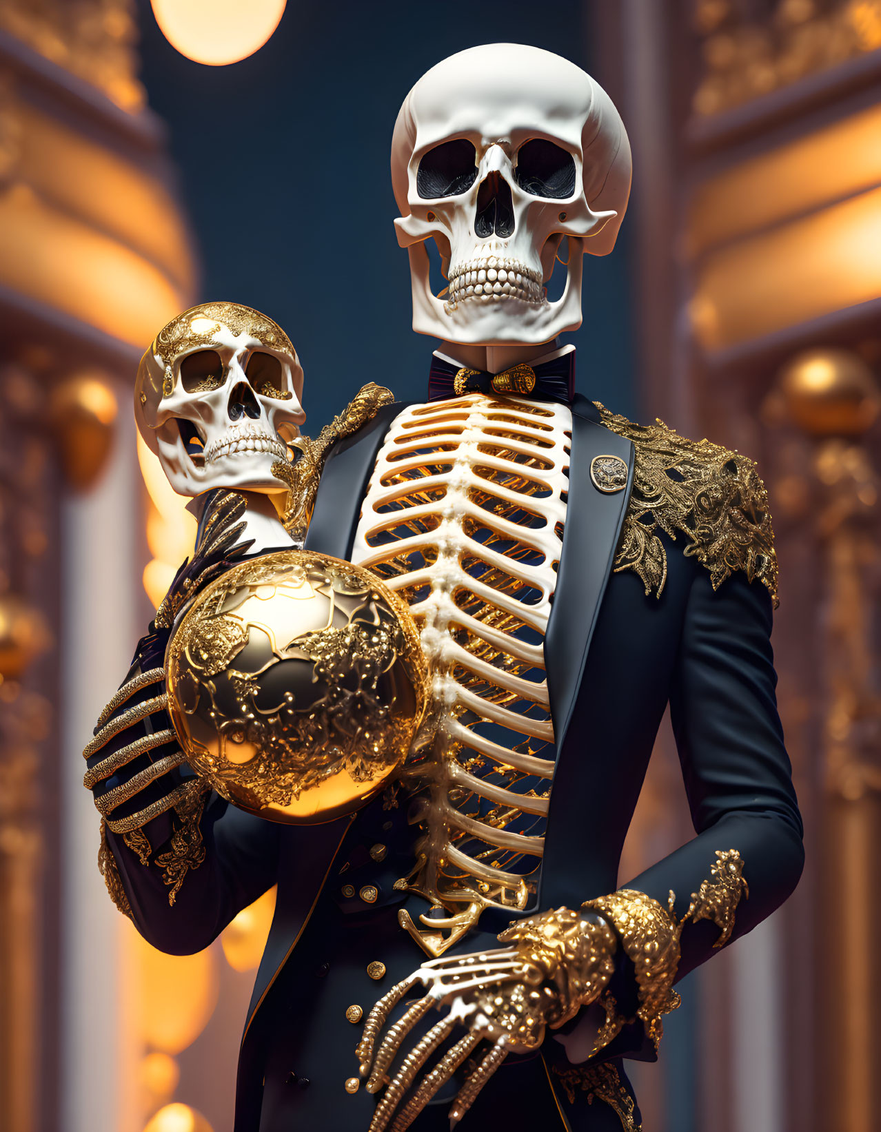 Skeleton in ornate uniform holding skull and orb in luxurious hall