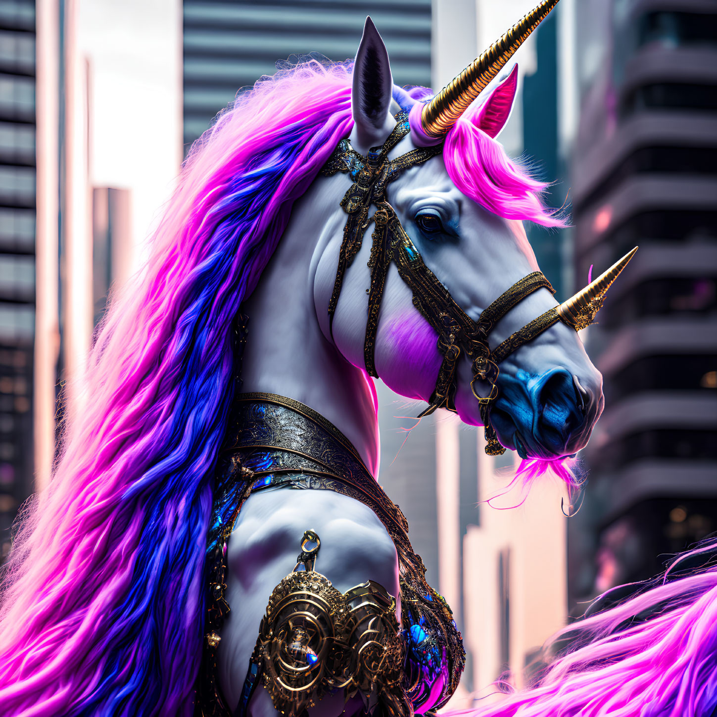 Colorful unicorn with purple and pink mane in urban setting