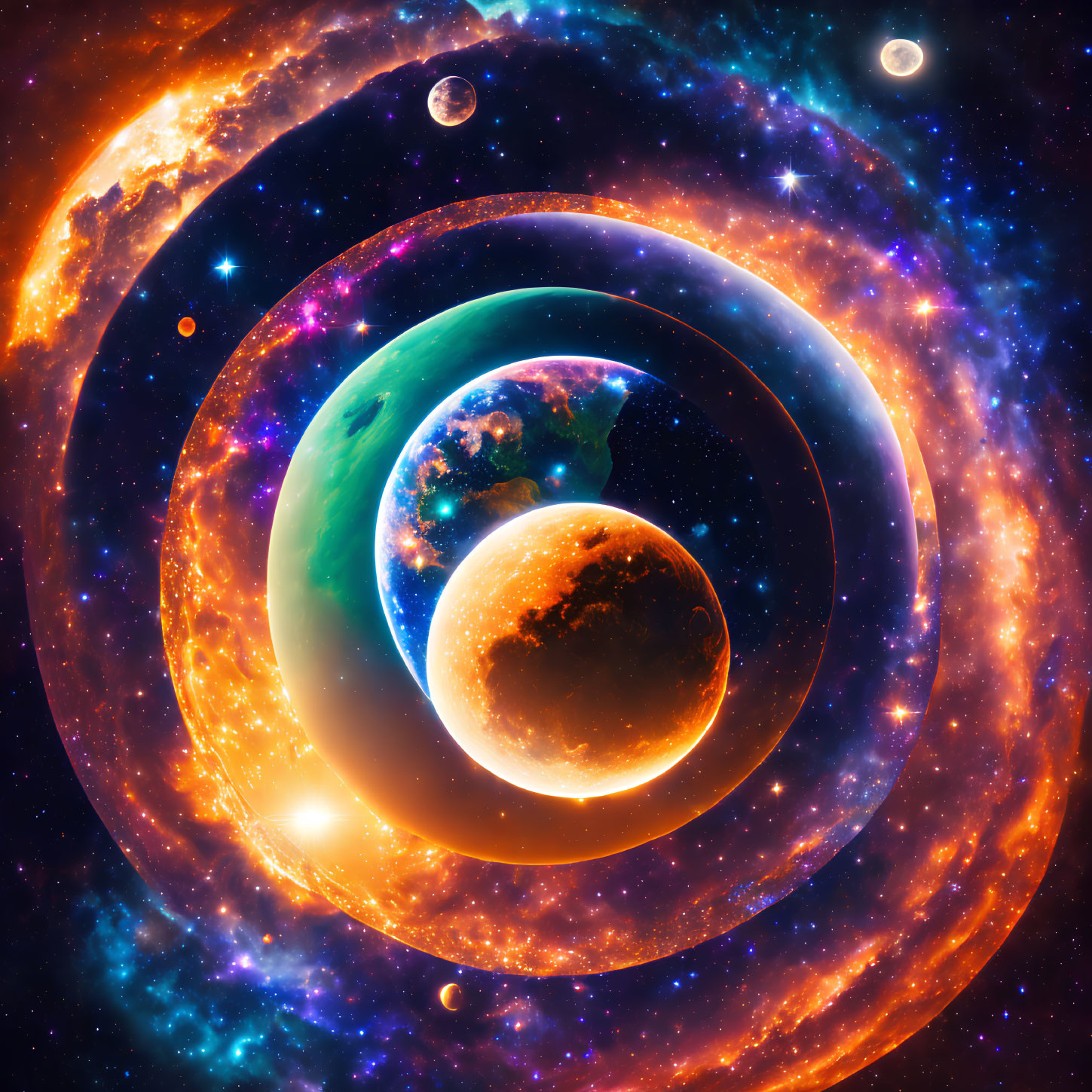 Colorful digital artwork of spiral galaxy with celestial bodies