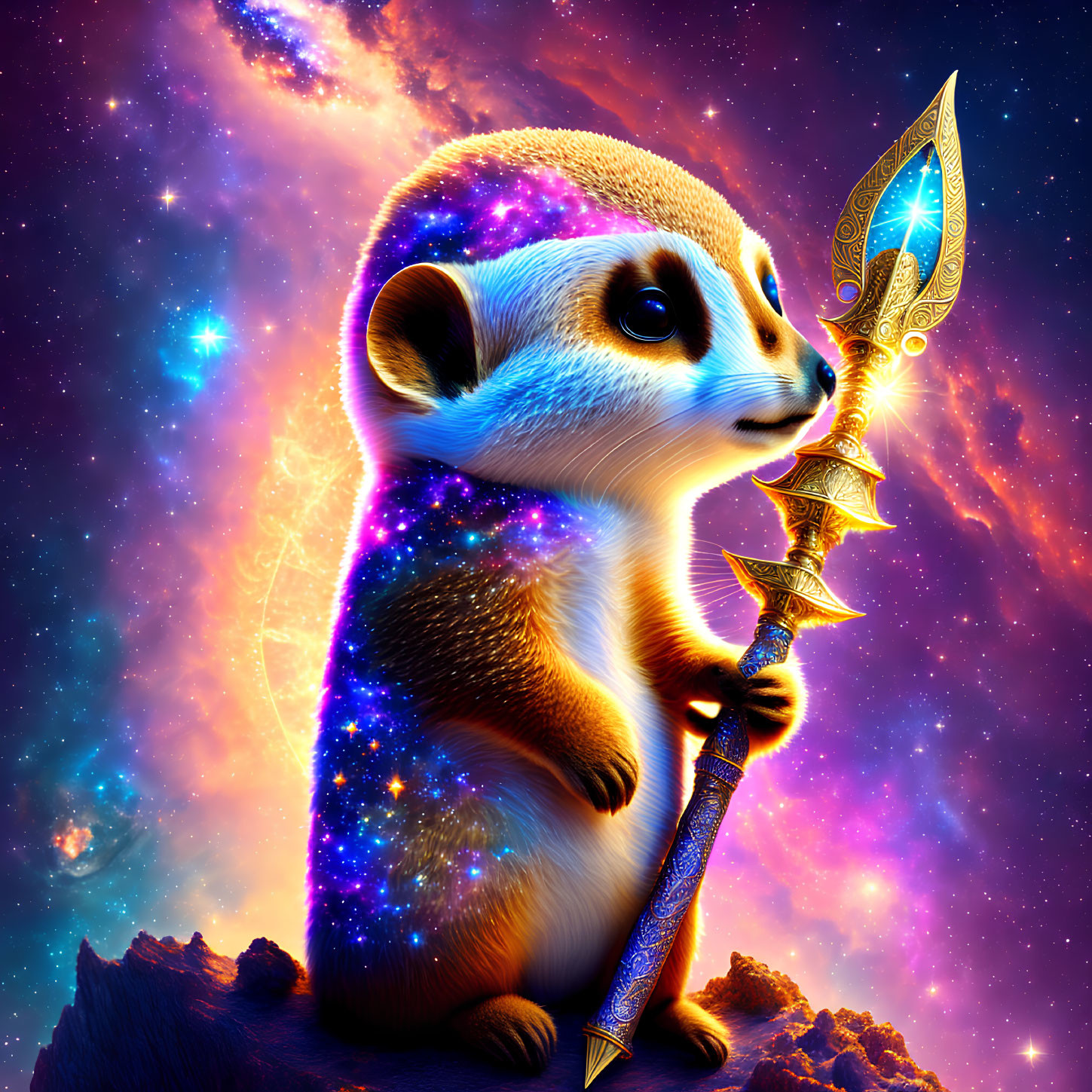 Celestial meerkat with ornate spear in cosmic scene