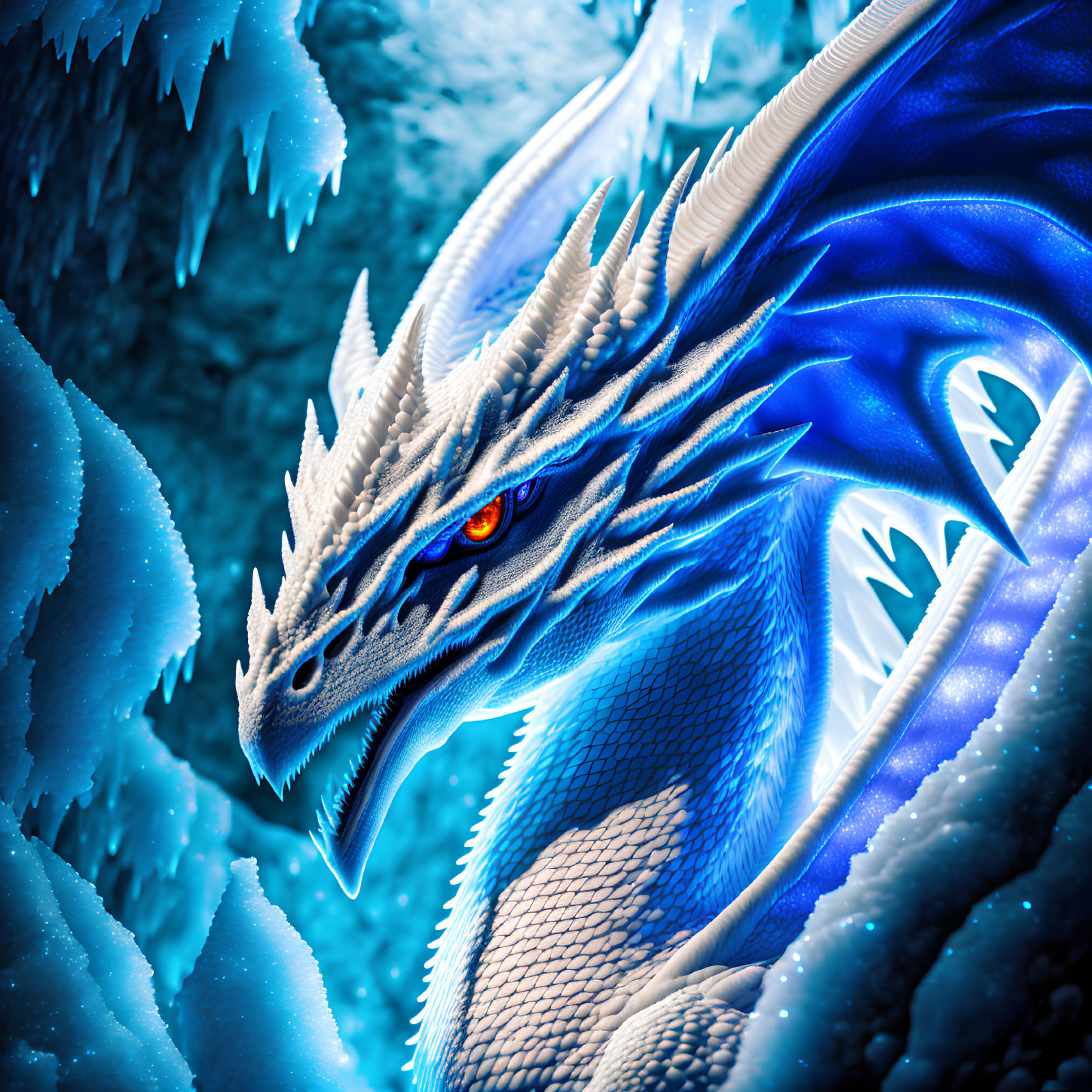 Blue dragon with red eyes in icy environment with shimmering scales