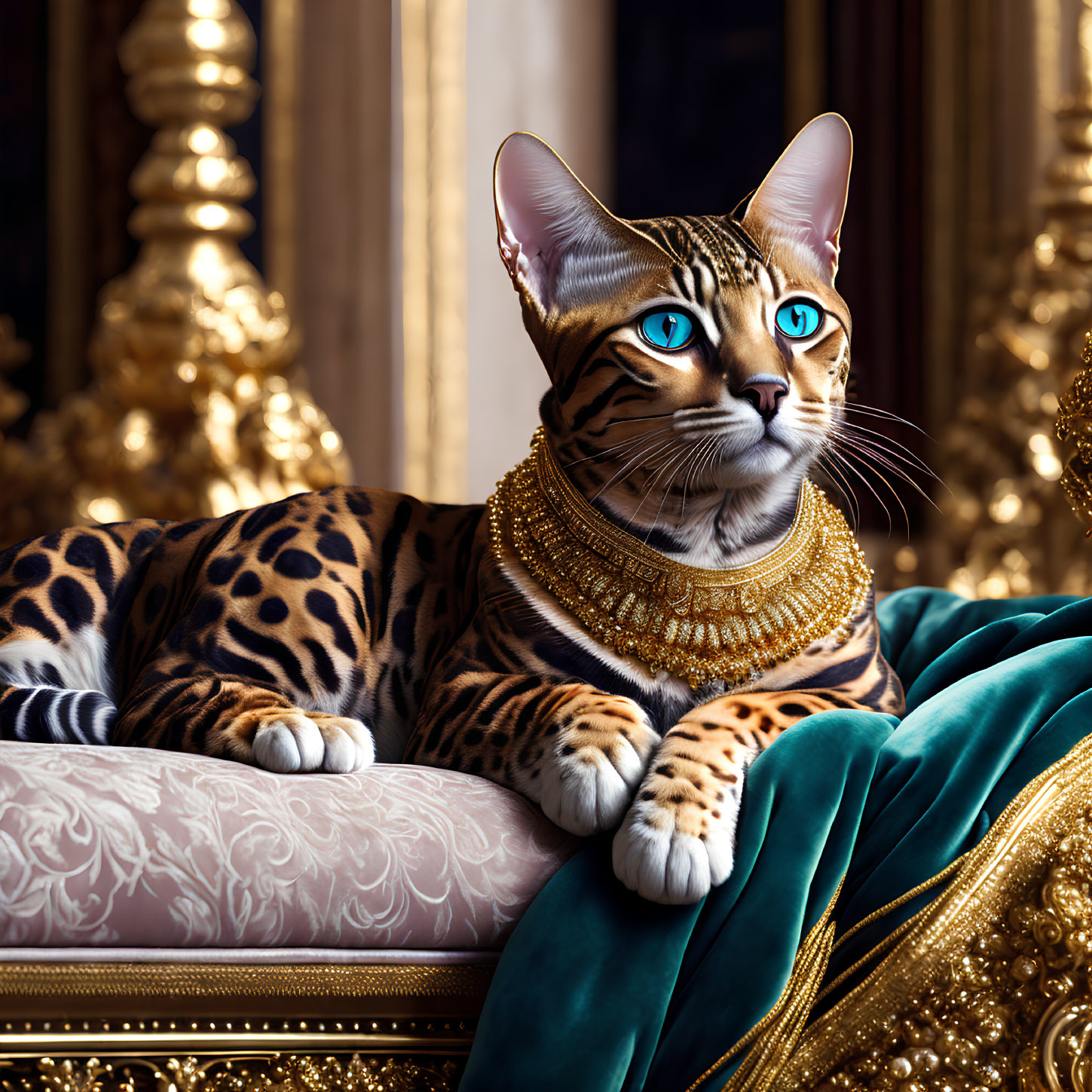 Majestic Bengal Cat with Golden Necklace on Luxurious Sofa