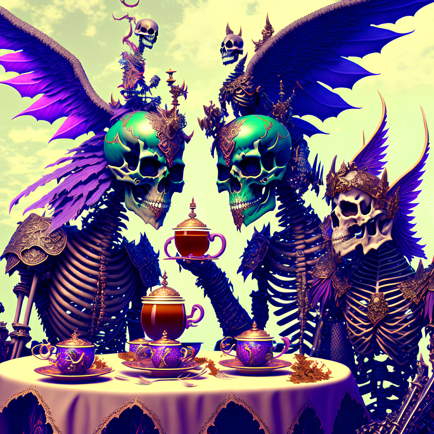 Surreal illustration of skeletal figures with wings and armor sharing tea set