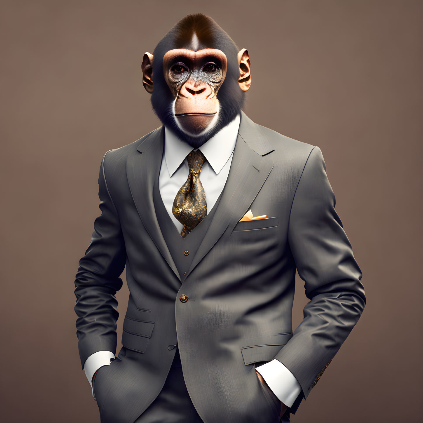 Chimpanzee head on human body in grey suit with patterned tie