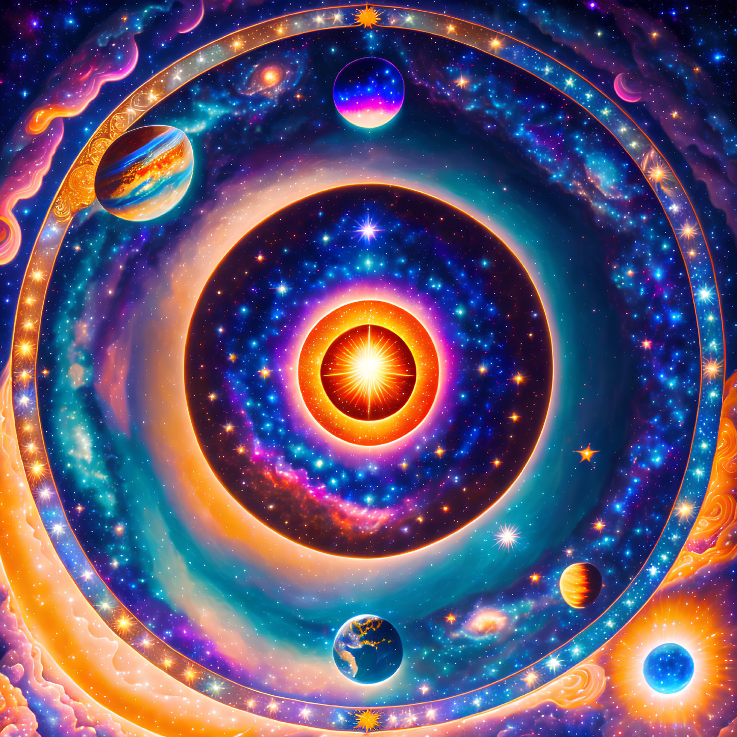 Colorful Solar System Artwork with Central Sun and Swirling Galaxies