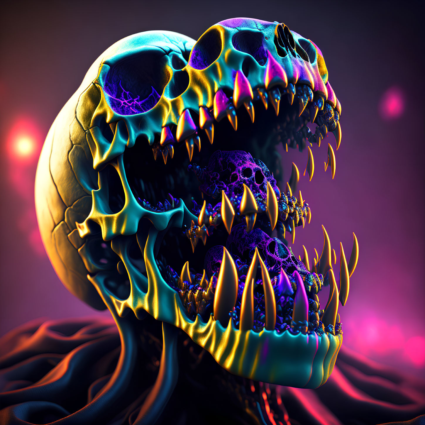 Colorful 3D illustration of serpent-like skull with glowing blue cracks and golden teeth on purple background