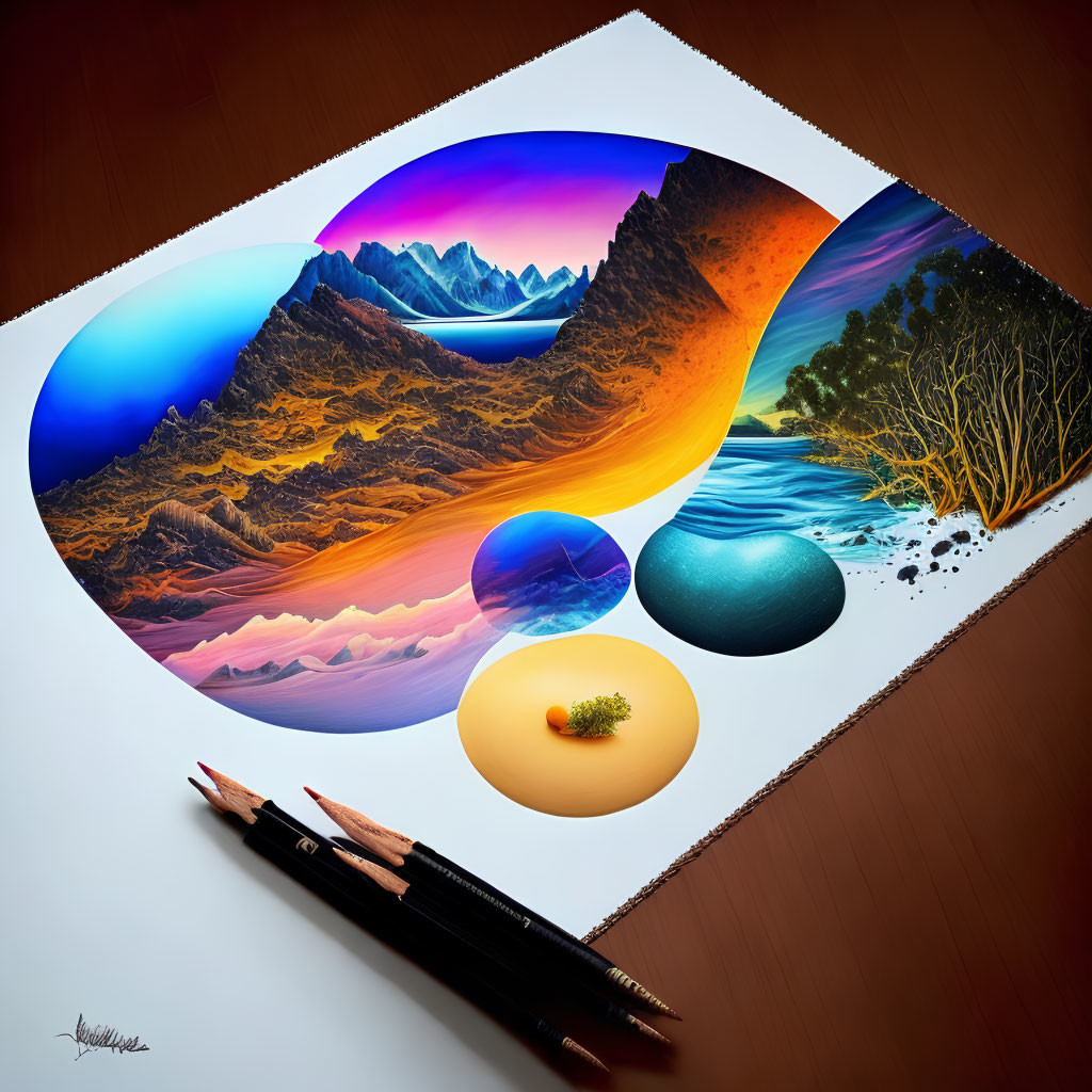 Surreal artwork with overlapping circle landscapes and pencils on paper