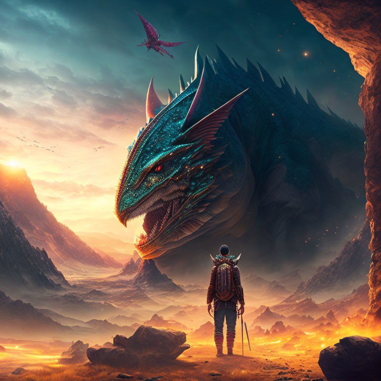 Person facing colossal dragon under alien sky with soaring dragon in fiery landscape