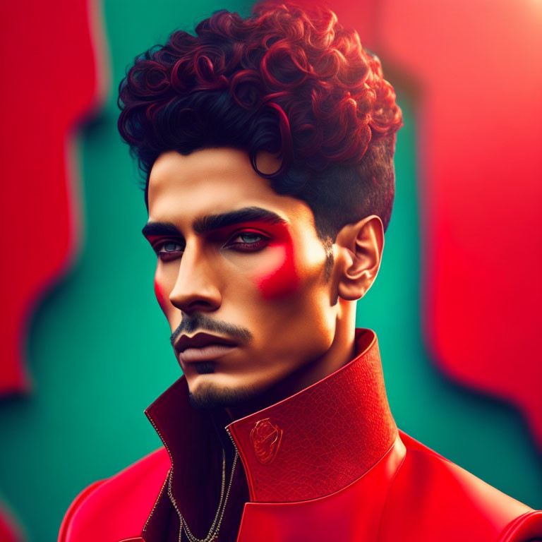 Stylized portrait of man with curly hair and blue eyes in red makeup