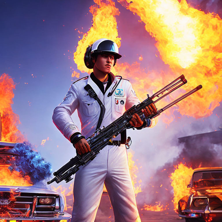 Person in white uniform with futuristic weapon in fiery explosion scene