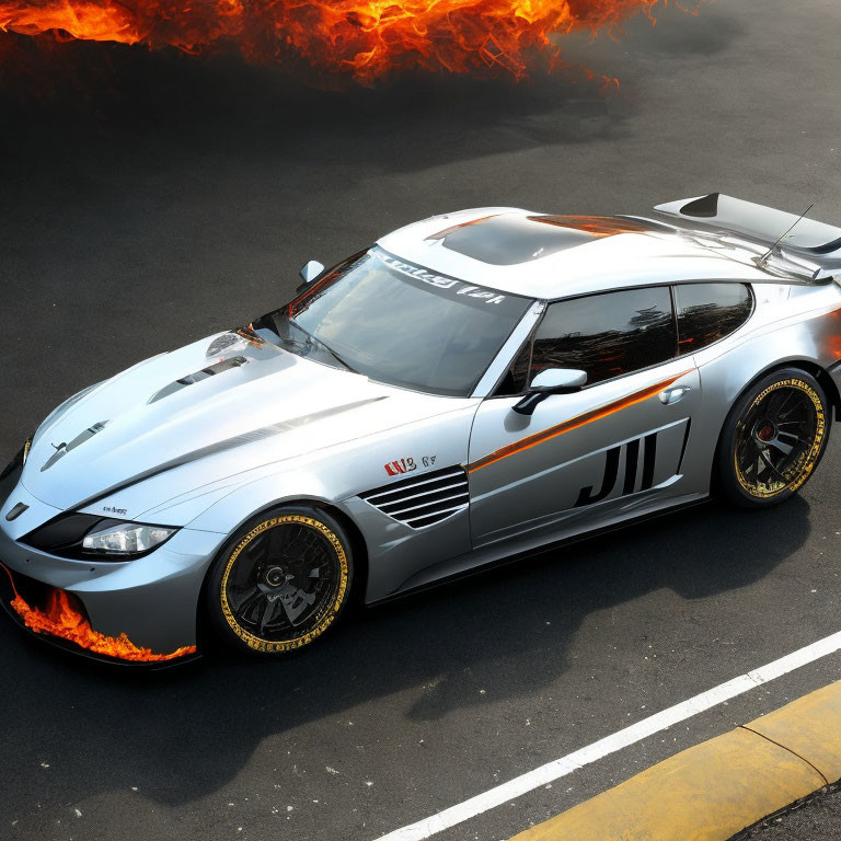 Silver sports car with black and orange flame decals and number 11 parked on asphalt with trailing flames