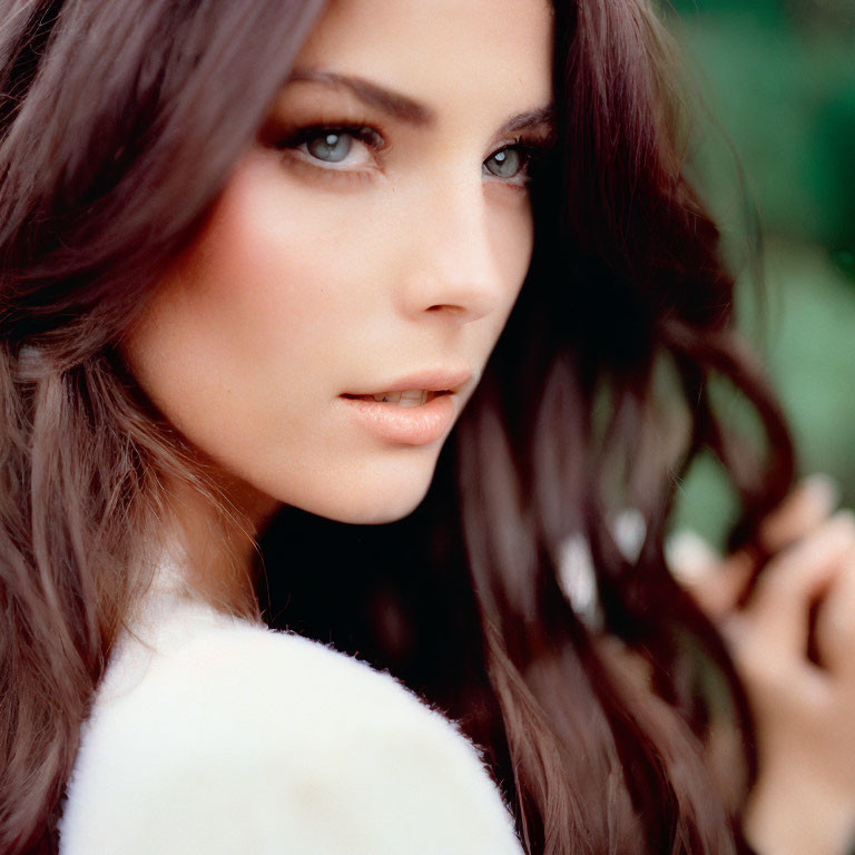 Close-up of woman with long brown hair and blue eyes holding white fur item on soft green background