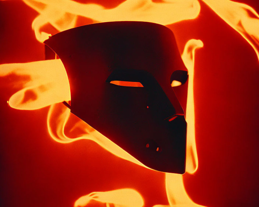 Enigmatic mask against fiery red backdrop with dynamic flame patterns