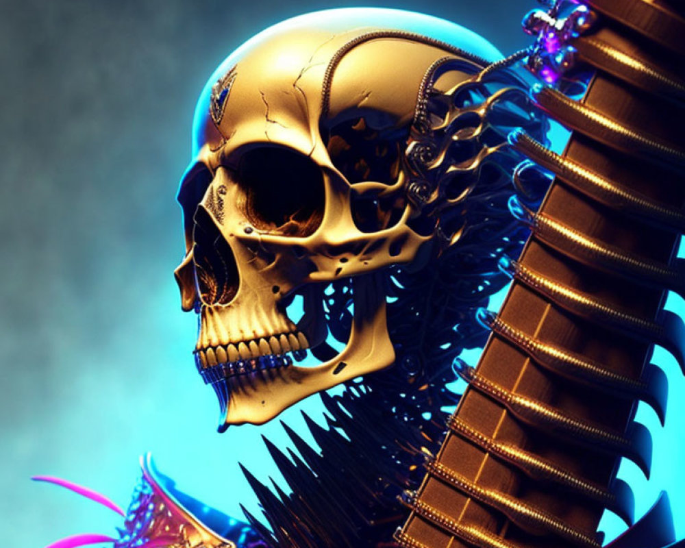 Intricate golden skull on blue background with metallic purple accents