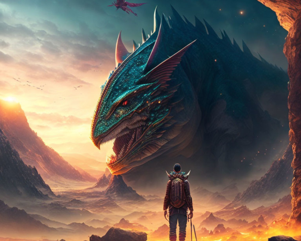 Person facing colossal dragon under alien sky with soaring dragon in fiery landscape