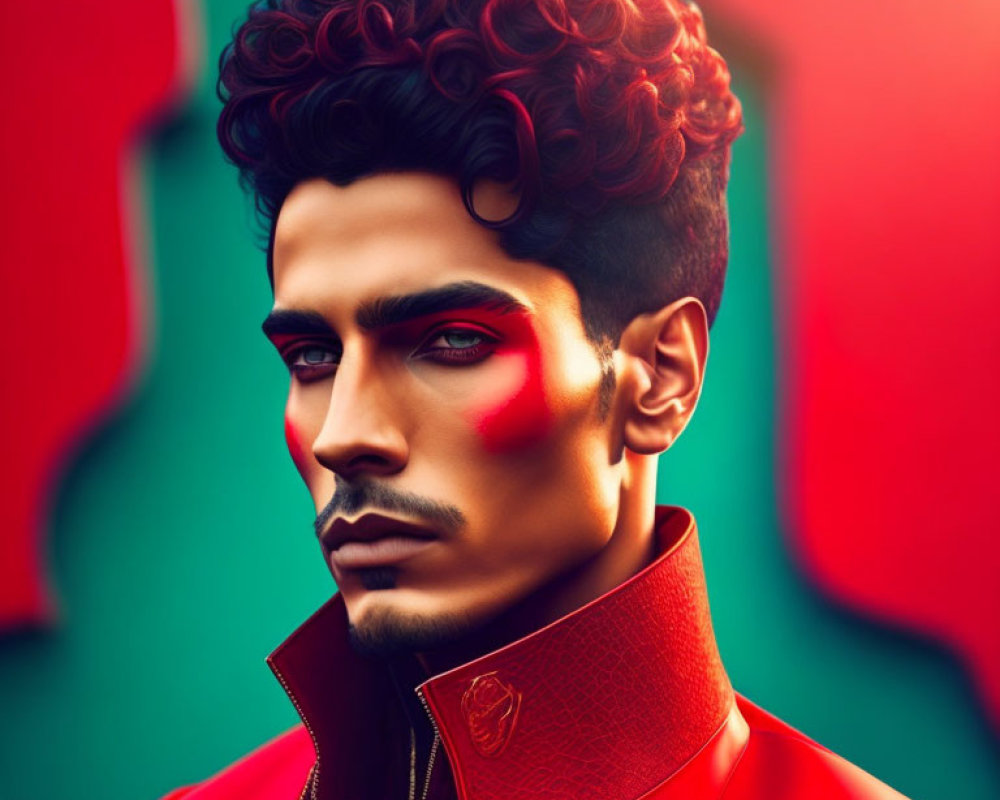 Stylized portrait of man with curly hair and blue eyes in red makeup