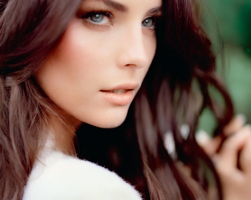 Close-up of woman with long brown hair and blue eyes holding white fur item on soft green background