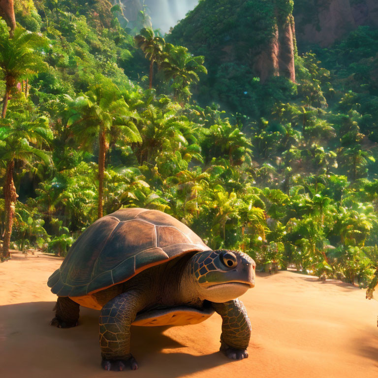 Animated tortoise in lush tropical landscape with waterfall and cliffs