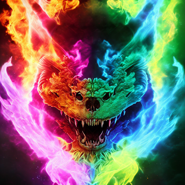 Vibrant Dragon Head with Multicolored Flames