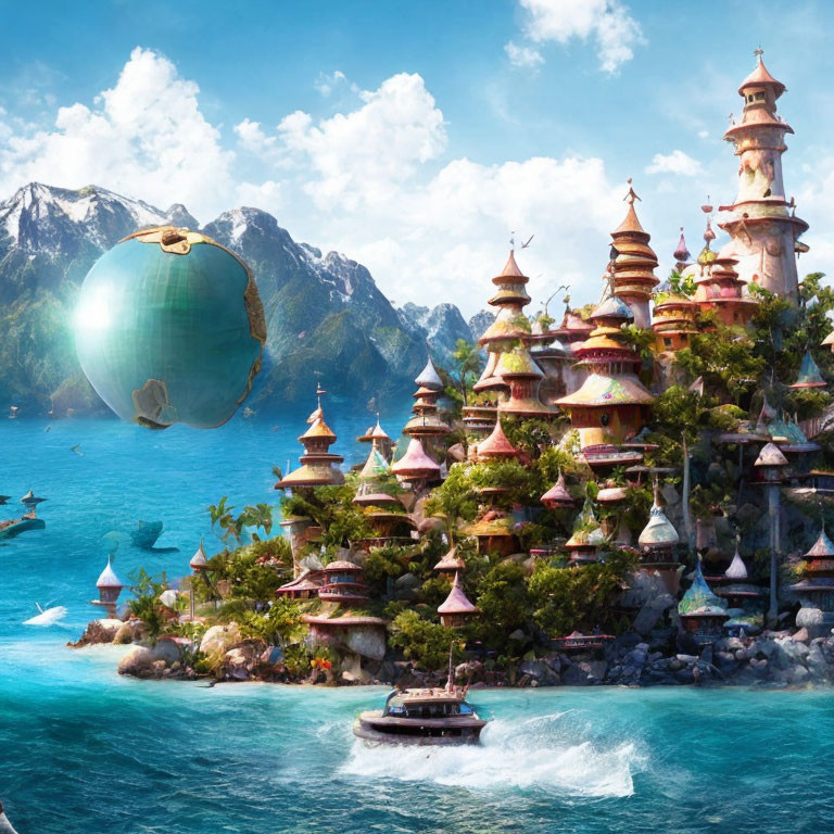 Pagoda-style coastal city with mountains, ship, and floating orb.