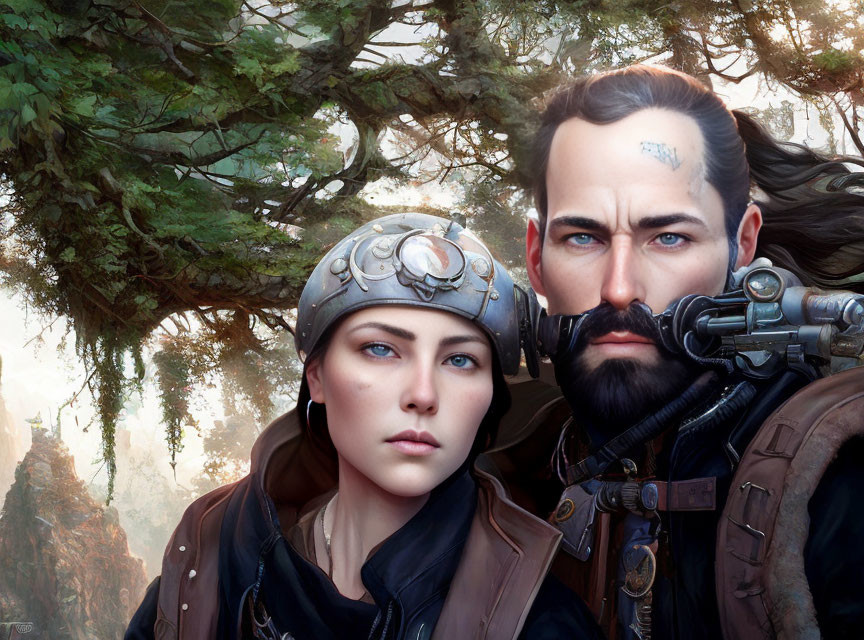 Steampunk-themed digital illustration of man and woman in detailed armor against lush backdrop