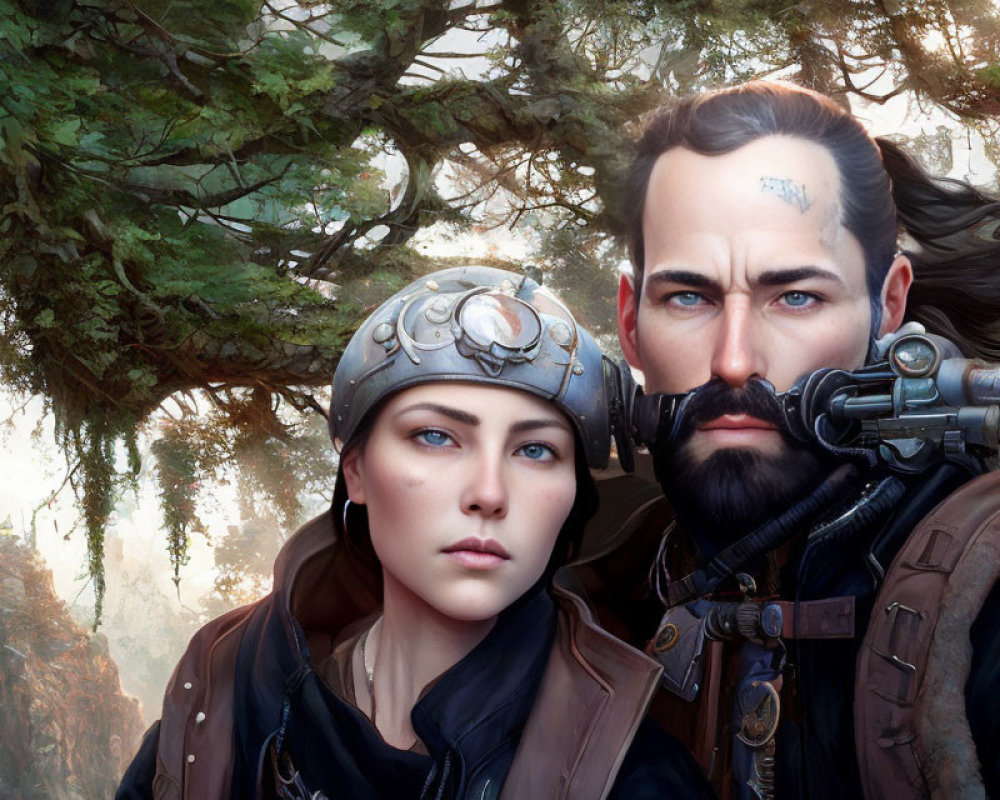 Steampunk-themed digital illustration of man and woman in detailed armor against lush backdrop