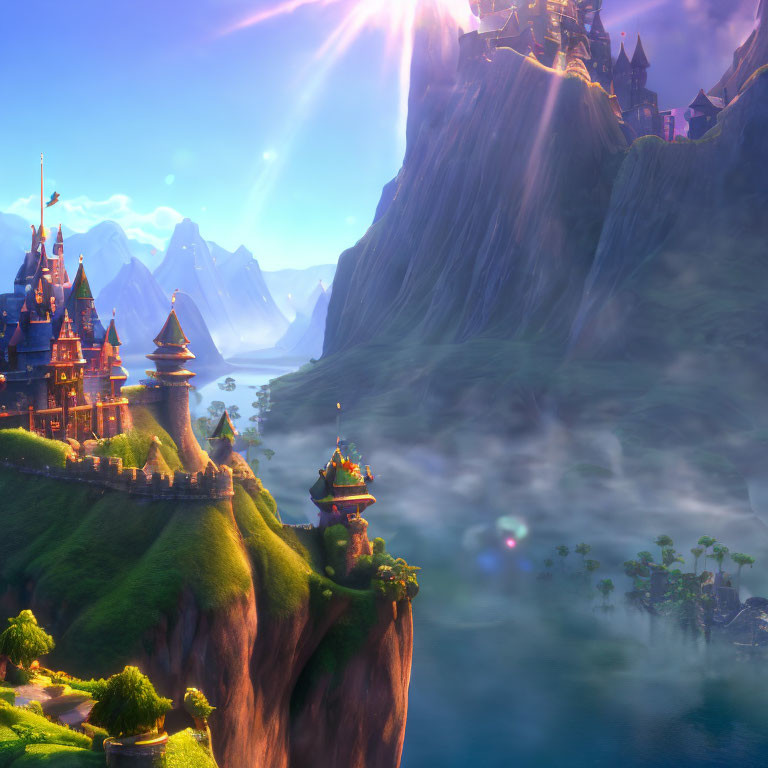 Fantastical landscape with castles on lush green cliffs and radiant sky