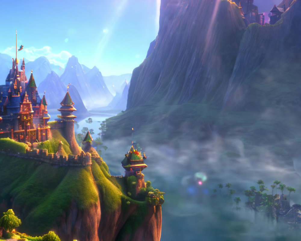 Fantastical landscape with castles on lush green cliffs and radiant sky