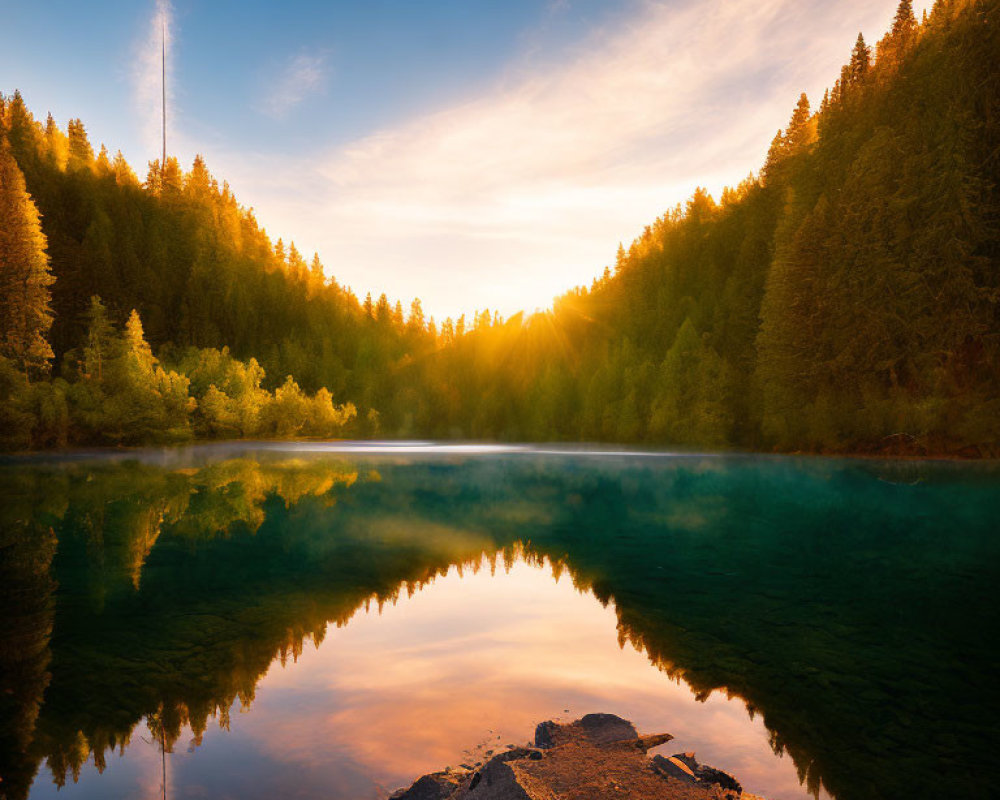 Tranquil Lake Reflecting Forests at Sunset