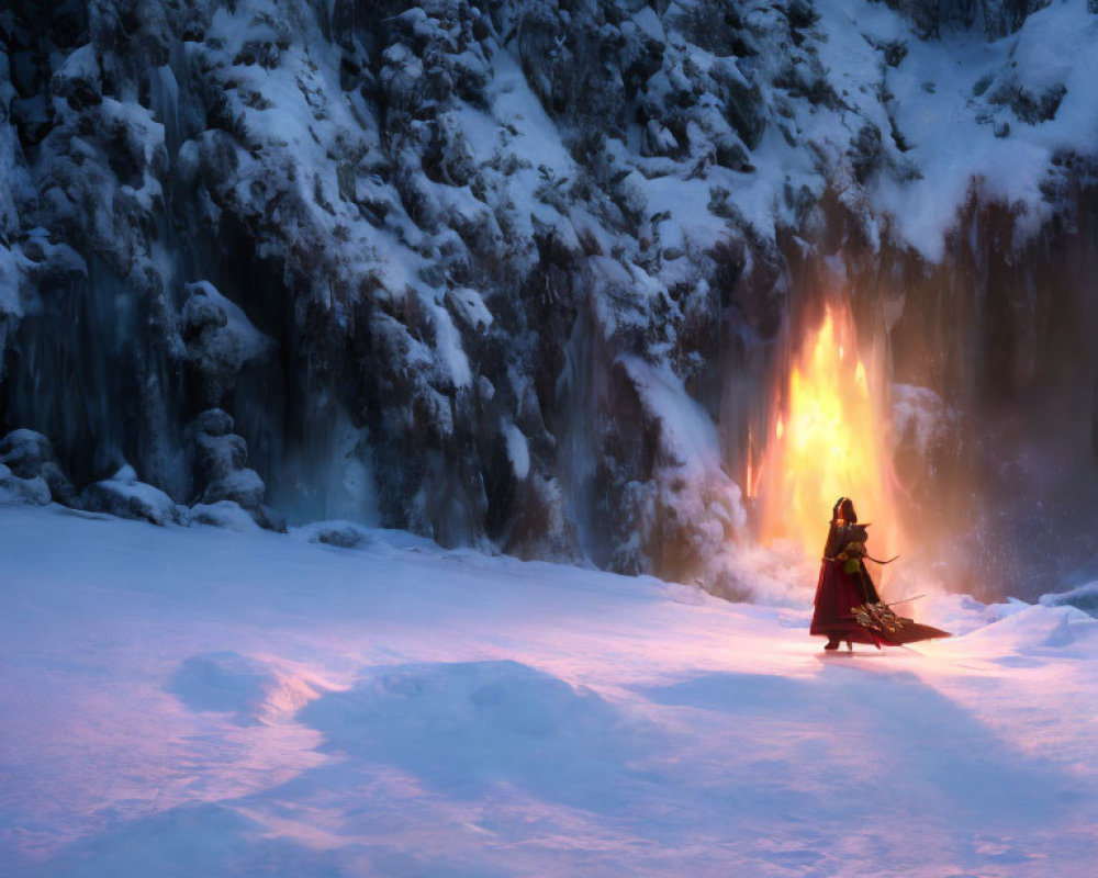 Person in red cloak by warming fire in snowy landscape