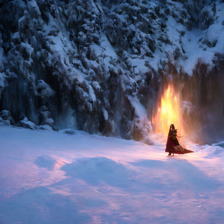 Person in red cloak by warming fire in snowy landscape