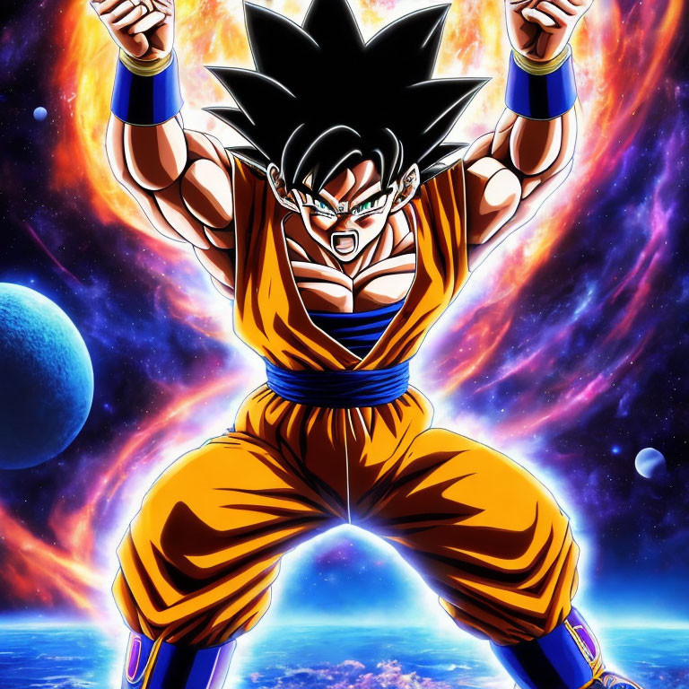 Spiky Black-Haired Animated Character in Orange and Blue Outfit against Cosmic Background