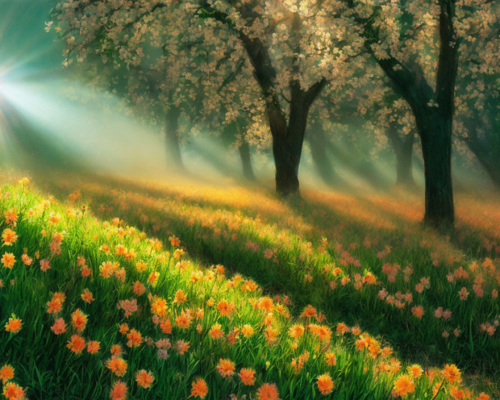 Blossom-filled orchard with sunlight and vibrant orange flowers