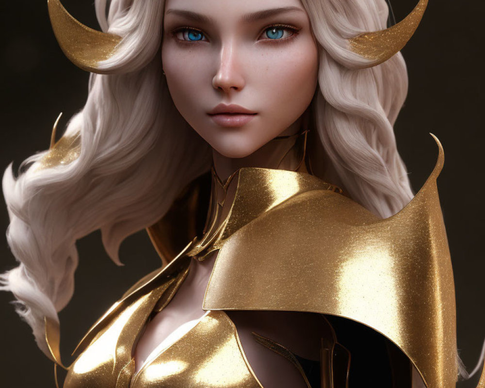 Portrait of female character with pale skin, blue eyes, white wavy hair, gold armor, and