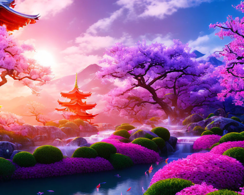 Serene sunset scene with cherry blossoms, pagoda, pond.