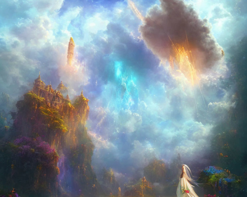 Person in white gazes at celestial sky over misty mountain landscape