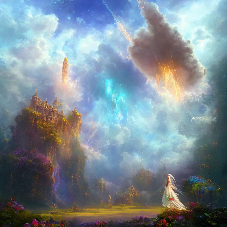 Person in white gazes at celestial sky over misty mountain landscape