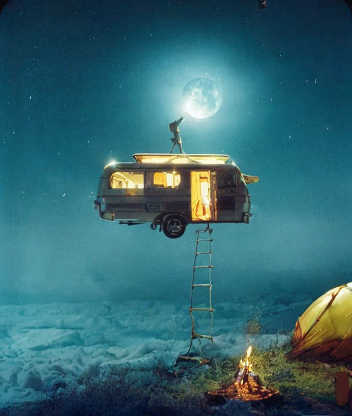 Vintage camper van floats above clouds under full moon with person standing on top, ladder to campsite below